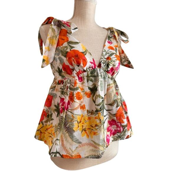Chelsea & Violet Tropical Floral Linen Blend Babydoll Y2K Tie Straps Tank Top M - Picture 10 of 12
